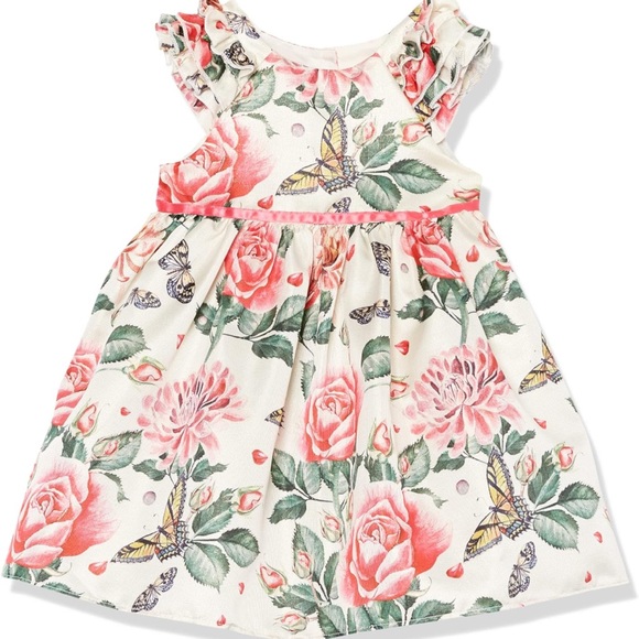 EUC Pippa & Julie cream sleeveless dress with pink roses, yellow butterflies. 5T - Picture 1 of 9
